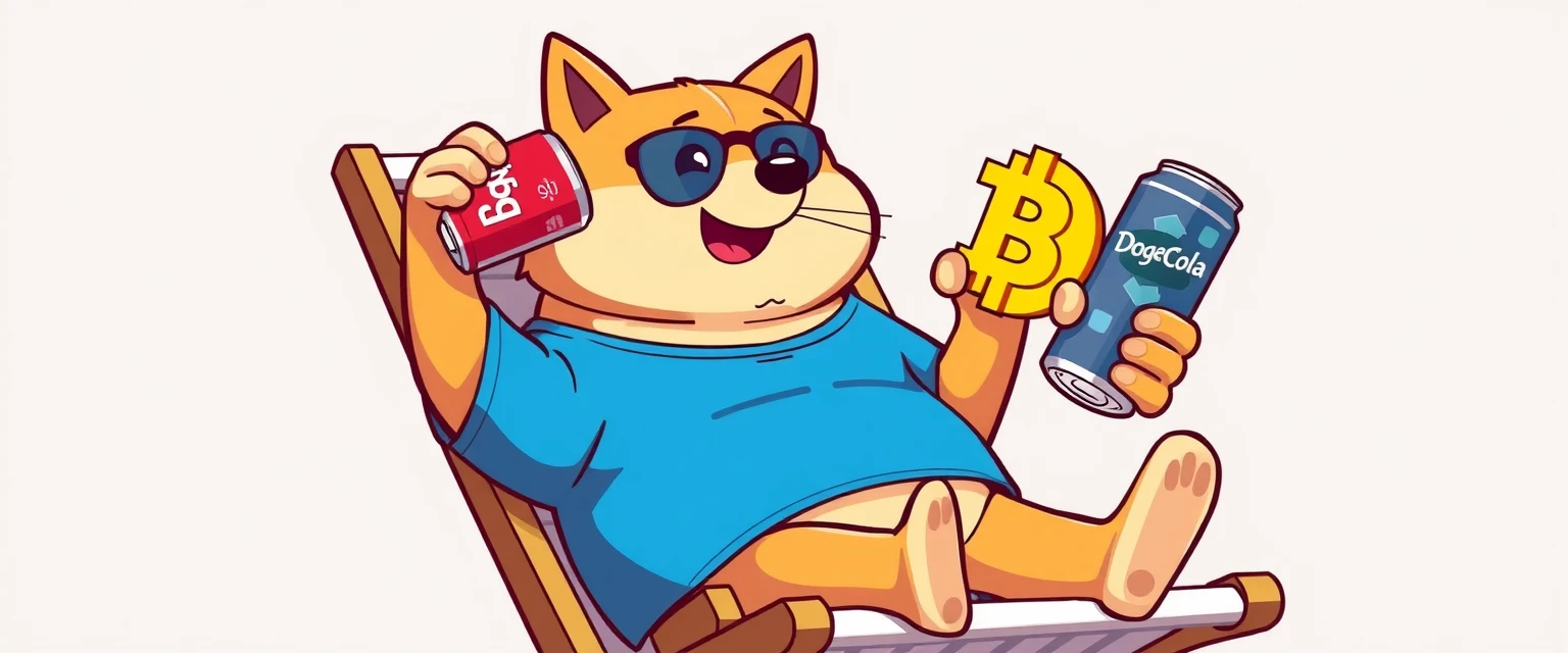 DogeCola mascot relaxing on beach chair with cola and Bitcoin